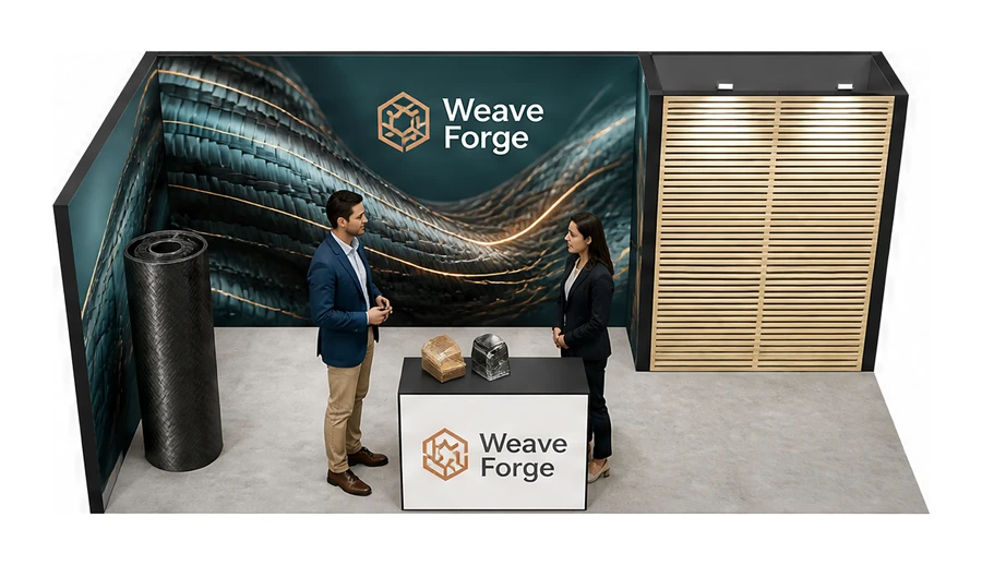 Stoisko 6 × 3 m narożne lewe dla branży materiały kompozytowe, przykładowa marka Weave Forge
