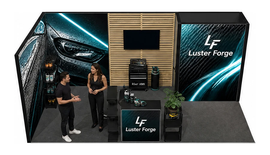 Stoisko 6 × 3 m narożne lewe dla branży tuning i detailing, przykładowa marka Luster Forge