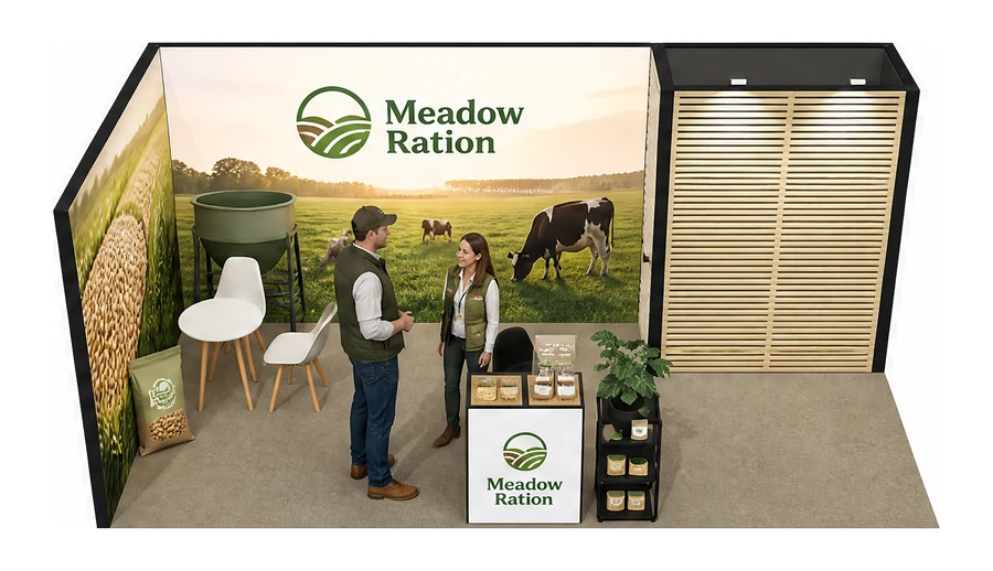 Stoisko 6 × 3 m narożne lewe dla branży hodowla i pasze, przykładowa marka Meadow Ration