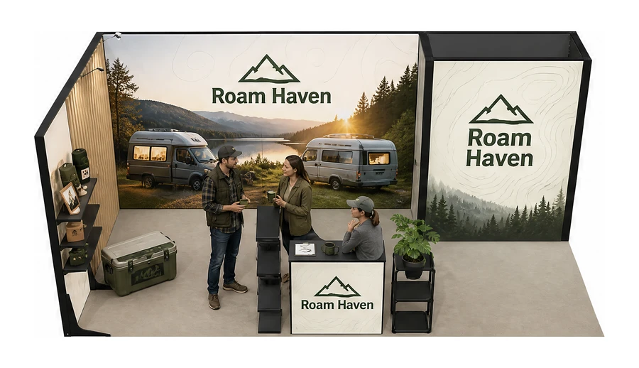 Stoisko 6 × 3 m narożne lewe dla branży caravaning i kampery, przykładowa marka Roam Haven