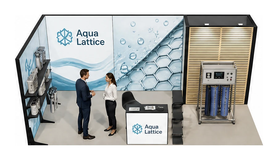 Stoisko 6 × 3 m narożne lewe dla branży technologie wodne, przykładowa marka Aqua Lattice