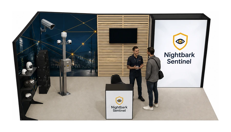 Stoisko 6 × 3 m narożne lewe dla branży systemy zabezpieczeń, przykładowa marka Nightbark Sentinel