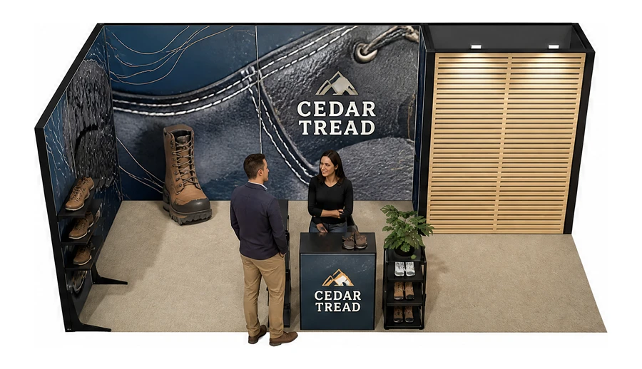 Stoisko 6 × 3 m narożne lewe dla branży obuwie, przykładowa marka Cedar Tread