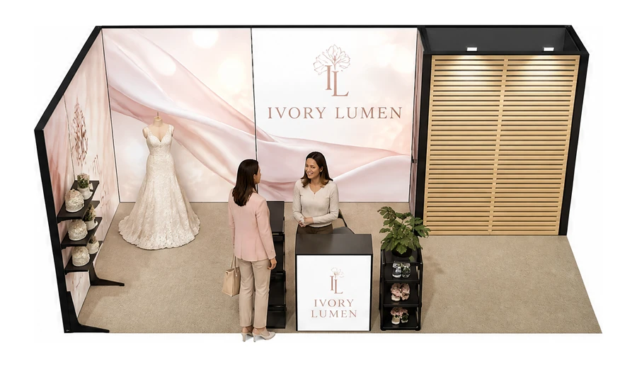 Stoisko 6 × 3 m narożne lewe dla branży branża ślubna, przykładowa marka Ivory Lumen