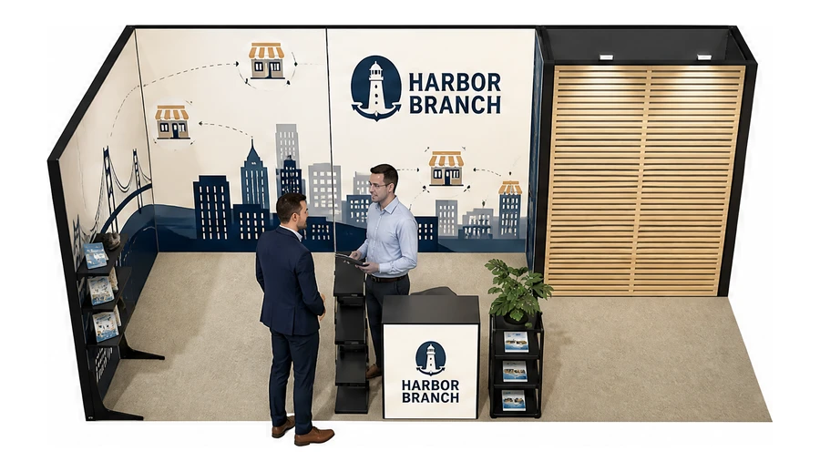 Stoisko 6 × 3 m narożne lewe dla branży franczyza i sieci, przykładowa marka Harbor Branch