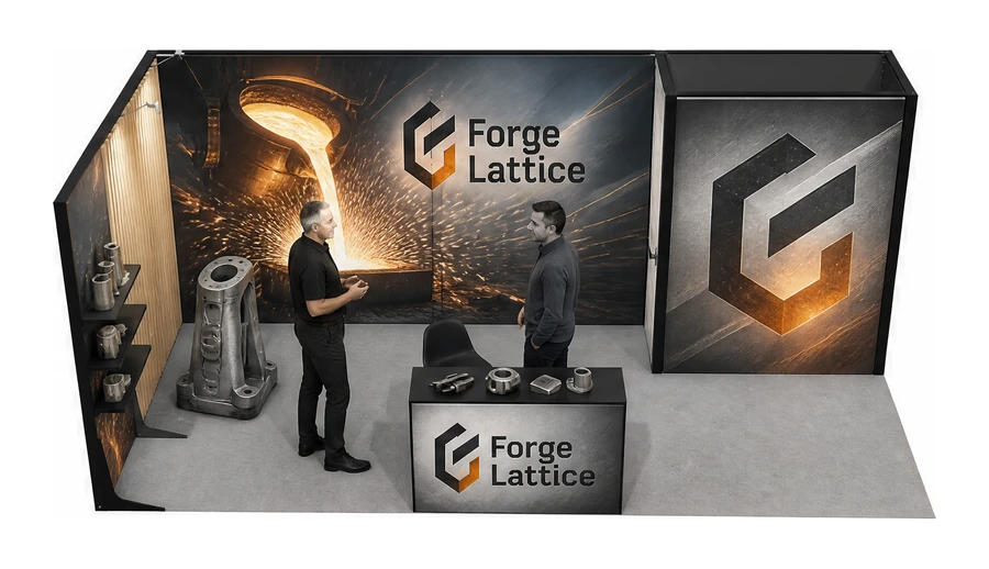 Stoisko 6 × 3 m narożne lewe dla branży obróbka metali i odlewnictwo, przykładowa marka Forge Lattice