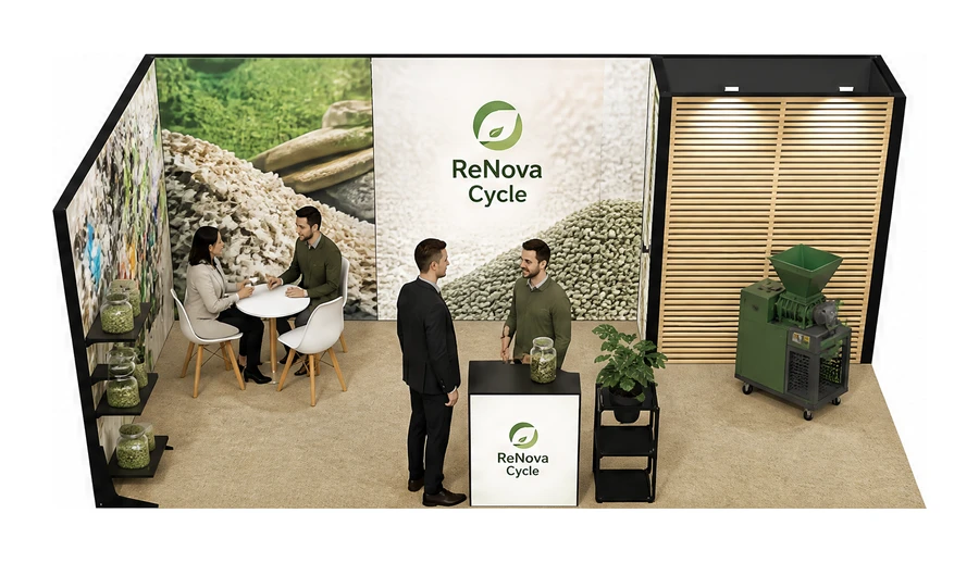 Stoisko 6 × 3 m narożne lewe dla branży recykling i ochrona środowiska, przykładowa marka ReNova Cycle