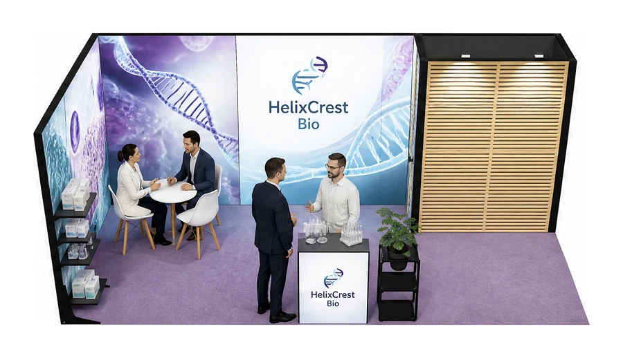 Stoisko 6 × 3 m narożne lewe dla branży farmacja i biotechnologia, przykładowa marka HelixCrest Bio
