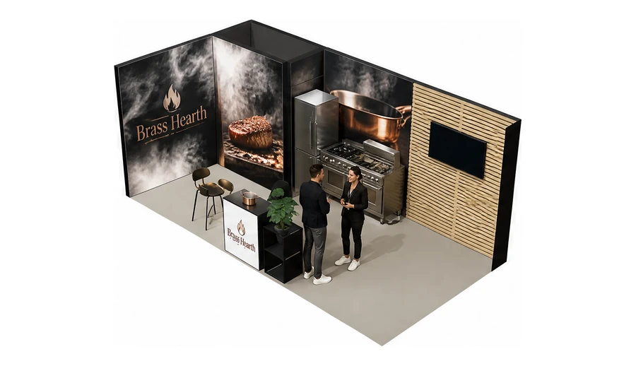 Stoisko 6 × 3 m narożne lewe dla branży wyposażenie gastronomii, przykładowa marka Brass Hearth