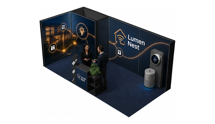 Stoisko 6 × 3 m narożne lewe dla branży smart home i IoT, przykładowa marka Lumen Nest