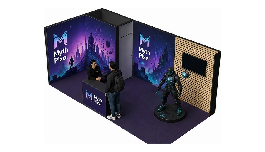Stoisko 6 × 3 m narożne lewe dla branży gry wideo, przykładowa marka Myth Pixel