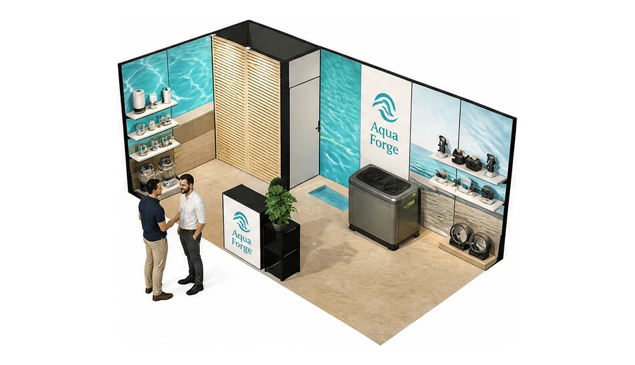 Stoisko 6 × 3 m narożne lewe dla branży baseny i sauny, przykładowa marka Aqua Forge