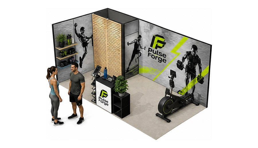 Stoisko 6 × 3 m narożne lewe dla branży fitness i siłownie, przykładowa marka Pulse Forge