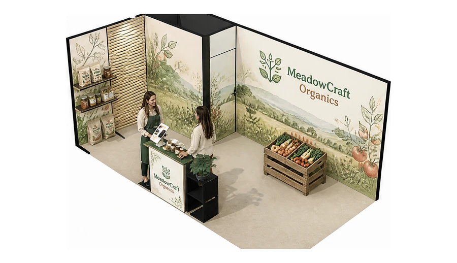 Stoisko 6 × 3 m narożne lewe dla branży żywność ekologiczna, przykładowa marka MeadowCraft Organics