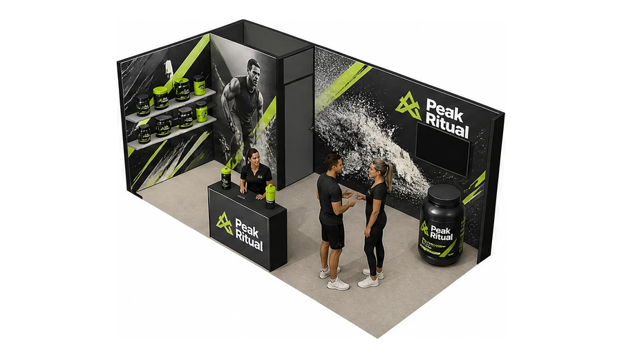 Stoisko 6 × 3 m narożne lewe dla branży suplementy diety, przykładowa marka Peak Ritual