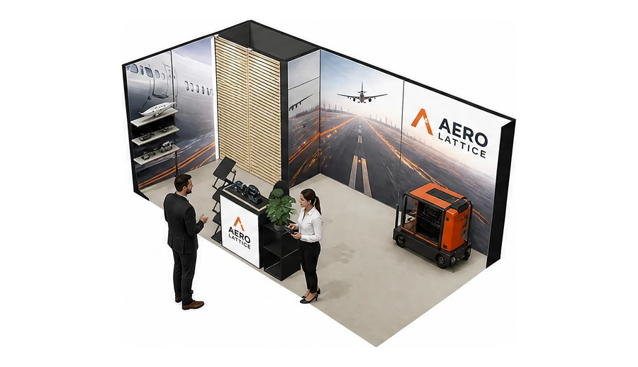 Stoisko 6 × 3 m narożne lewe dla branży lotnictwo, przykładowa marka Aero Lattice