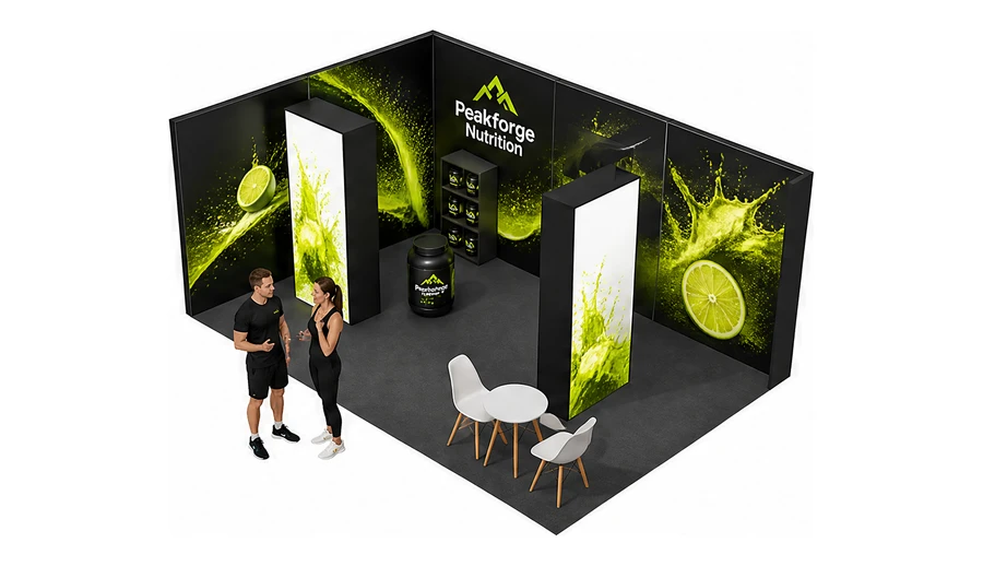 Stoisko 6 × 4 m narożne lewe dla branży suplementy diety, przykładowa marka Peakforge Nutrition