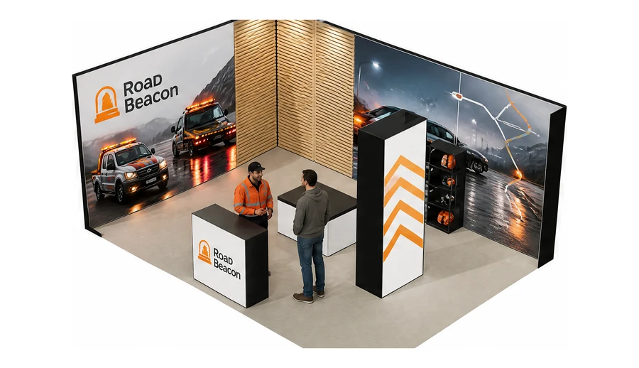 Stoisko 6 × 4 m narożne lewe dla branży pomoc drogowa i lawety, przykładowa marka Road Beacon
