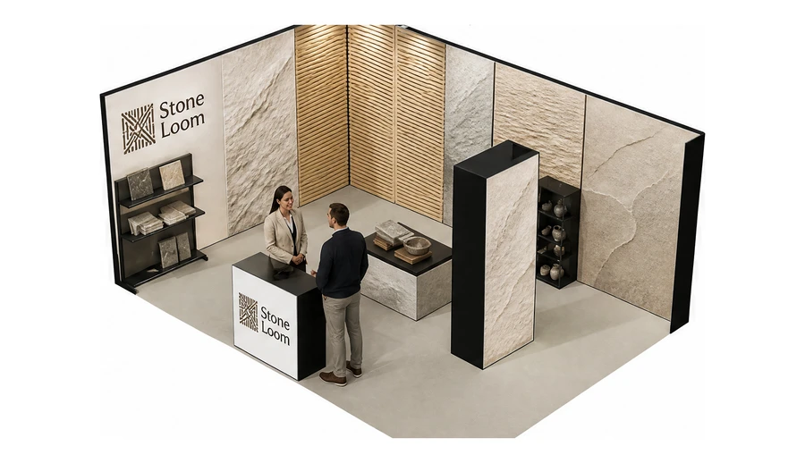 Stoisko 6 × 4 m narożne lewe dla branży wykończenie wnętrz, przykładowa marka Stone Loom