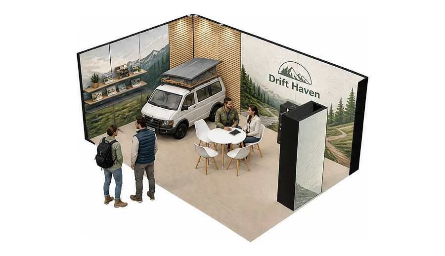 Stoisko 6 × 4 m narożne lewe dla branży caravaning i kampery, przykładowa marka Drift Haven