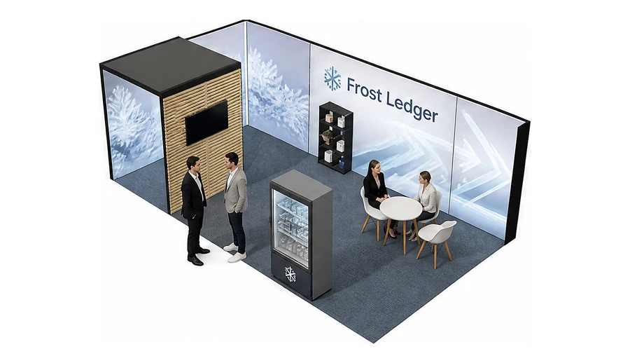 Stoisko 6 × 4 m narożne lewe dla branży łańcuch chłodniczy, przykładowa marka Frost Ledger