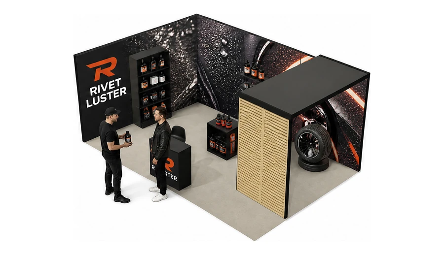 Stoisko 6 × 4 m narożne lewe dla branży tuning i detailing, przykładowa marka Rivet Luster