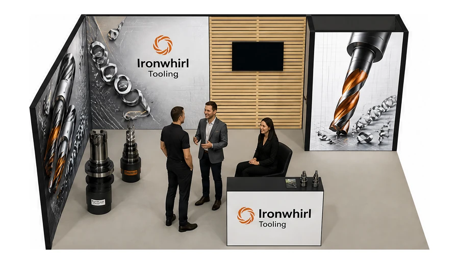 Stoisko 6 × 4 m narożne lewe dla branży obrabiarki i narzędzia, przykładowa marka Ironwhirl Tooling