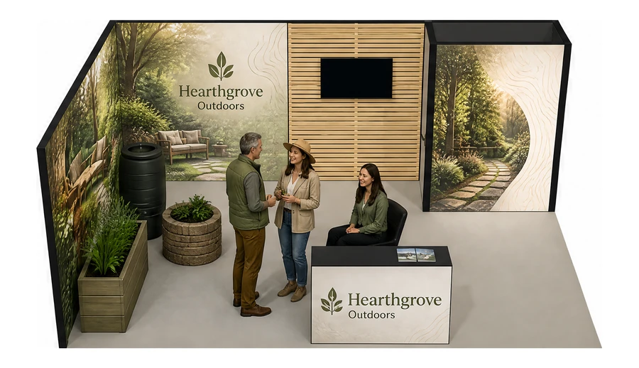 Stoisko 6 × 4 m narożne lewe dla branży ogród i architektura krajobrazu, przykładowa marka Hearthgrove Outdoors