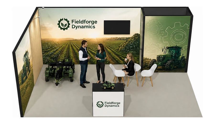 Stoisko 6 × 4 m narożne lewe dla branży maszyny rolnicze, przykładowa marka Fieldforge Dynamics