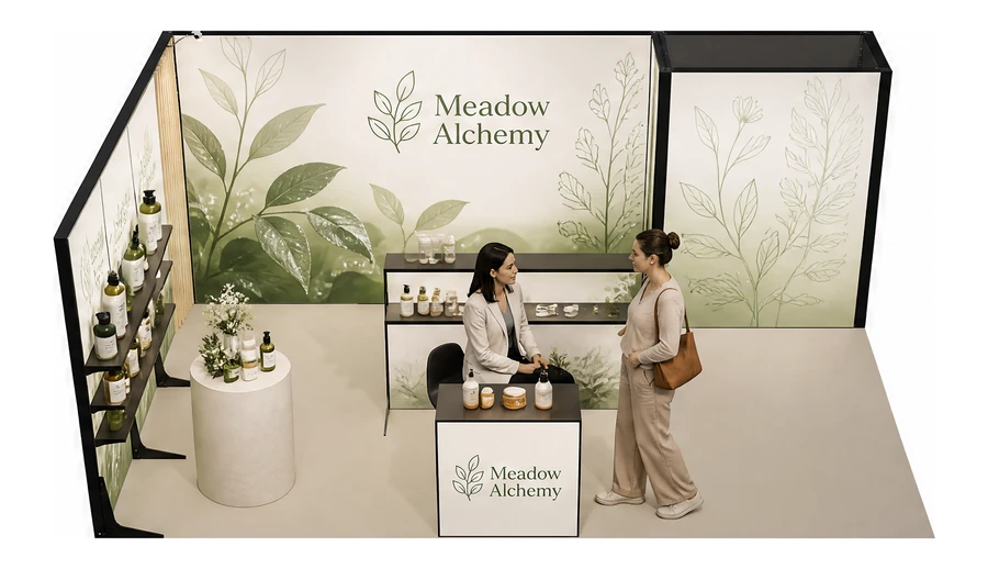 Stoisko 6 × 4 m narożne lewe dla branży kosmetyki naturalne, przykładowa marka Meadow Alchemy