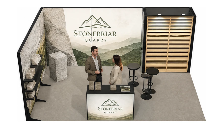 Stoisko 6 × 4 m narożne lewe dla branży kamień i kamieniarstwo, przykładowa marka Stonebriar Quarry