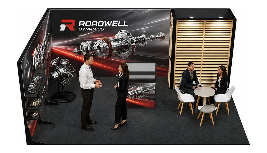 Stoisko 6 × 4 m narożne lewe dla branży części motoryzacyjne, przykładowa marka Roadwell Dynamics
