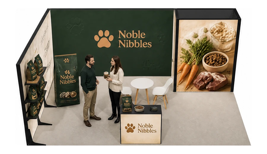 Stoisko 6 × 4 m narożne lewe dla branży karma dla zwierząt, przykładowa marka Noble Nibbles