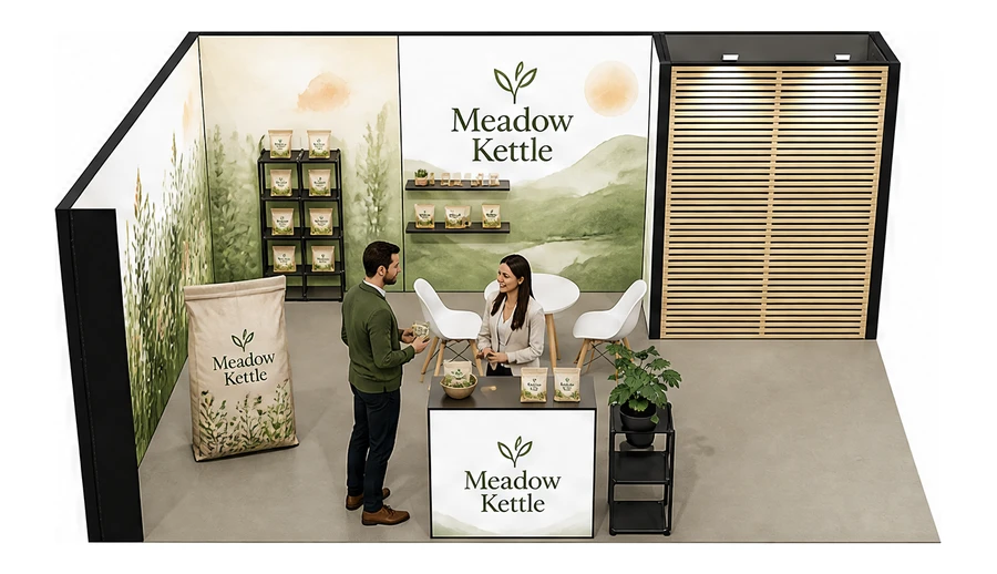 Stoisko 6 × 4 m narożne lewe dla branży żywność ekologiczna, przykładowa marka Meadow Kettle