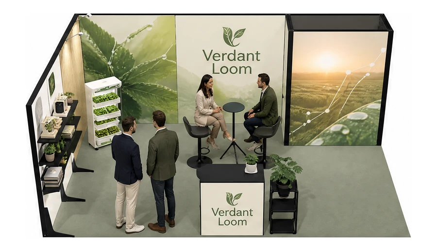 Stoisko 6 × 4 m narożne lewe dla branży sadownictwo i warzywnictwo, przykładowa marka Verdant Loom
