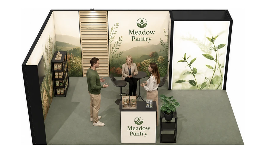 Stoisko 6 × 4 m narożne lewe dla branży żywność ekologiczna, przykładowa marka Meadow Pantry