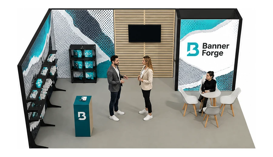 Stoisko 6 × 4 m narożne lewe dla branży reklama i druk, przykładowa marka Banner Forge