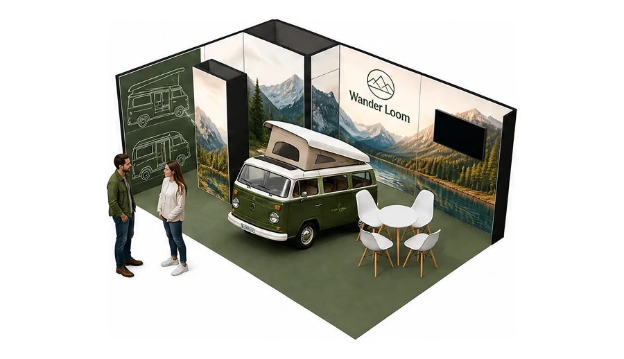 Stoisko 6 × 4 m narożne lewe dla branży caravaning i kampery, przykładowa marka Wander Loom