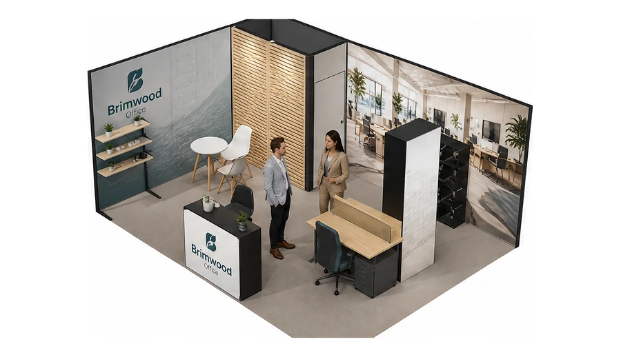 Stoisko 6 × 4 m narożne lewe dla branży meble biurowe, przykładowa marka Brimwood Office