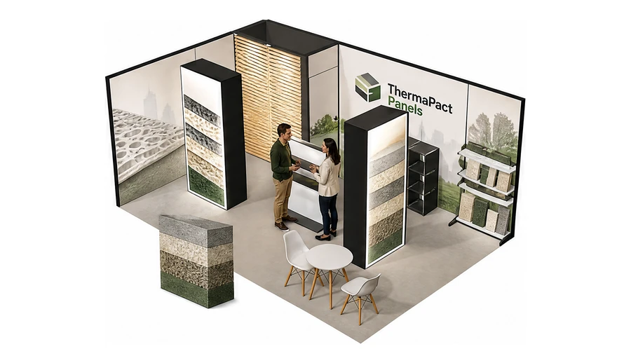Stoisko 6 × 4 m narożne lewe dla branży izolacje techniczne, przykładowa marka ThermaPact Panels