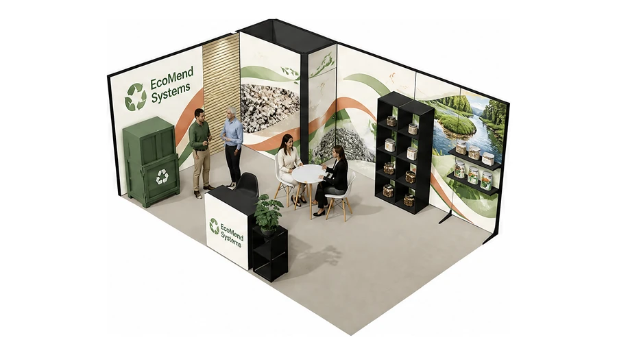 Stoisko 6 × 4 m narożne lewe dla branży recykling i ochrona środowiska, przykładowa marka EcoMend Systems
