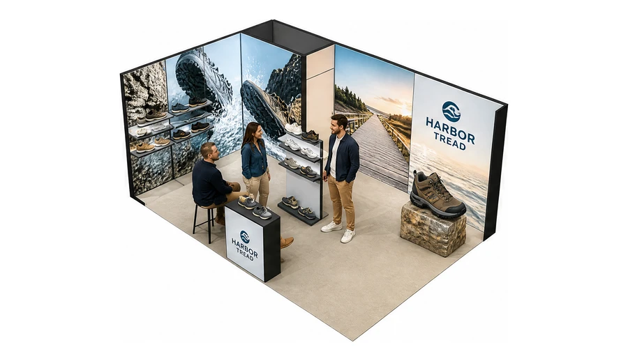 Stoisko 6 × 4 m narożne lewe dla branży obuwie, przykładowa marka Harbor Tread