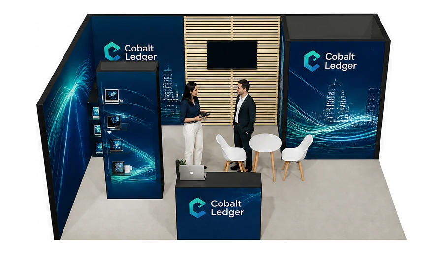 Stoisko 6 × 4 m narożne lewe dla branży płatności online, przykładowa marka Cobalt Ledger