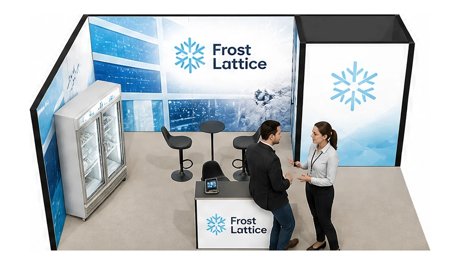 Stoisko 6 × 4 m narożne lewe dla branży łańcuch chłodniczy, przykładowa marka Frost Lattice