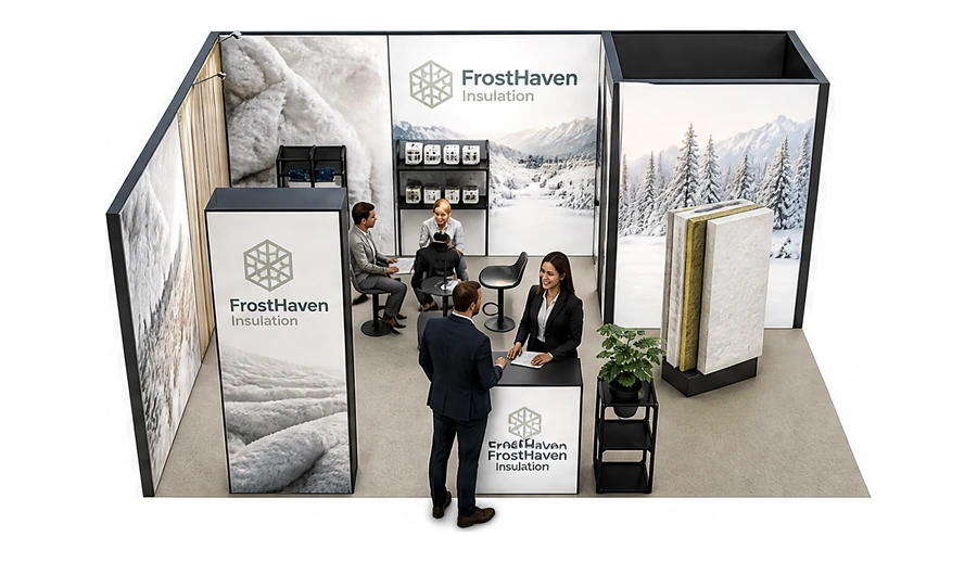 Stoisko 6 × 4 m narożne lewe dla branży izolacje techniczne, przykładowa marka FrostHaven Insulation