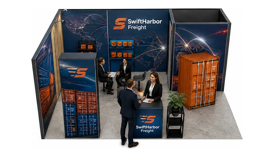 Stoisko 6 × 4 m narożne lewe dla branży logistyka i spedycja, przykładowa marka SwiftHarbor Freight