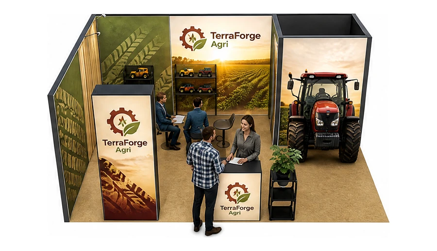Stoisko 6 × 4 m narożne lewe dla branży maszyny rolnicze, przykładowa marka TerraForge Agri