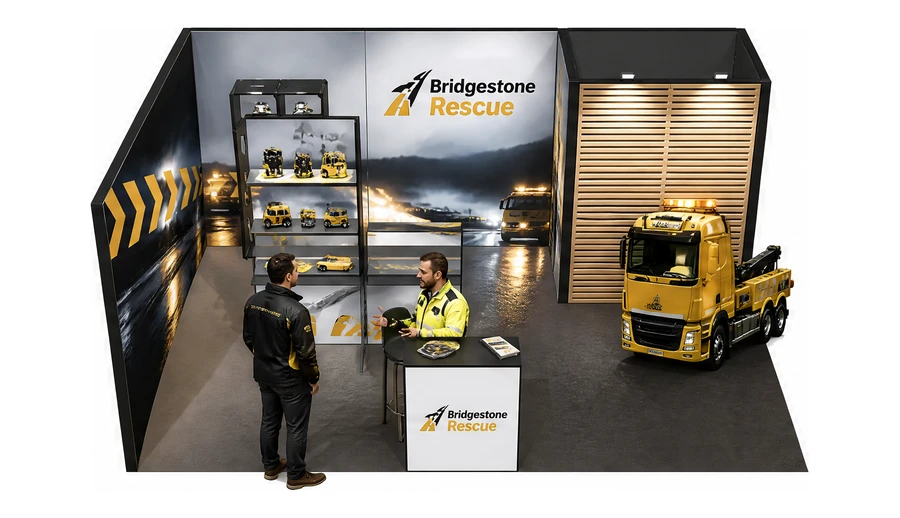 Stoisko 6 × 4 m narożne lewe dla branży pomoc drogowa i lawety, przykładowa marka Bridgestone Rescue