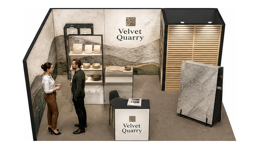 Stoisko 6 × 4 m narożne lewe dla branży wykończenie wnętrz, przykładowa marka Velvet Quarry