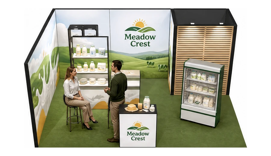 Stoisko 6 × 4 m narożne lewe dla branży nabiał i mleczarstwo, przykładowa marka Meadow Crest